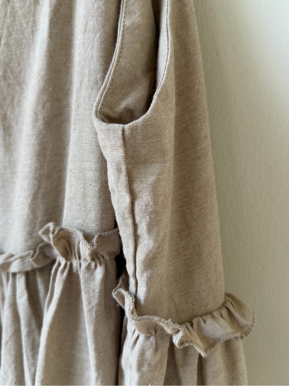 NWT Commense Size Small Cotton Linen Tie-Shoulder Mini Dress in Beige Tan Ruffle - Picture 13 of 15